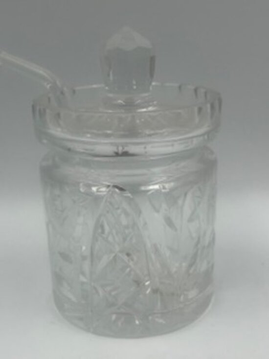Other - Vintage Cut Glass Crystal Jam Jelly Honey Pot with lid and spoon